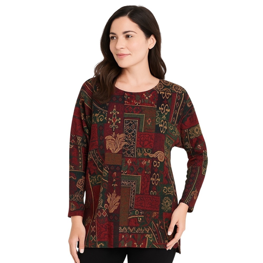Silver Threads Tunic Medium‎ Multicolor Damask Scoop Neck Long Sleeve Side Slit